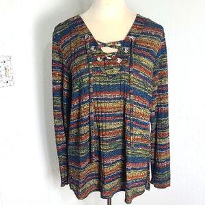 Chenault Striped Multicolor Lace-Up Top, Longsleeves, Size XL